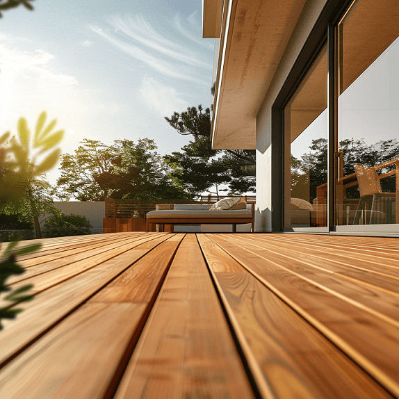 wooden deck in front of a house