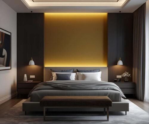 Behind the bed headboard